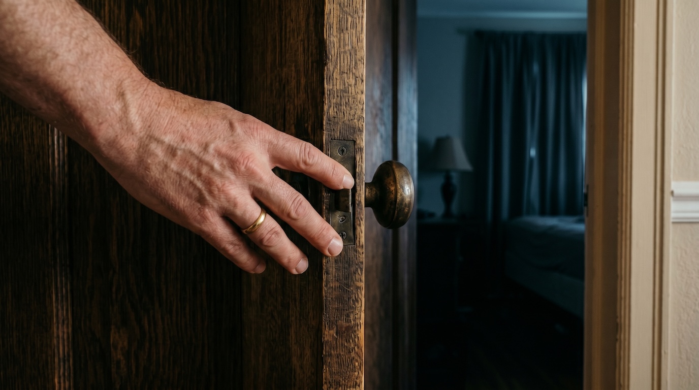 Eine Hand auf einer Türklinke, dahinter ein abgedunkelter Raum.