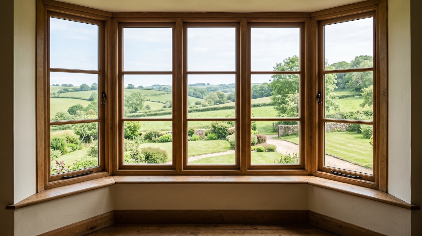 Blick durch ein Fenster auf eine ruhige Landschaft.